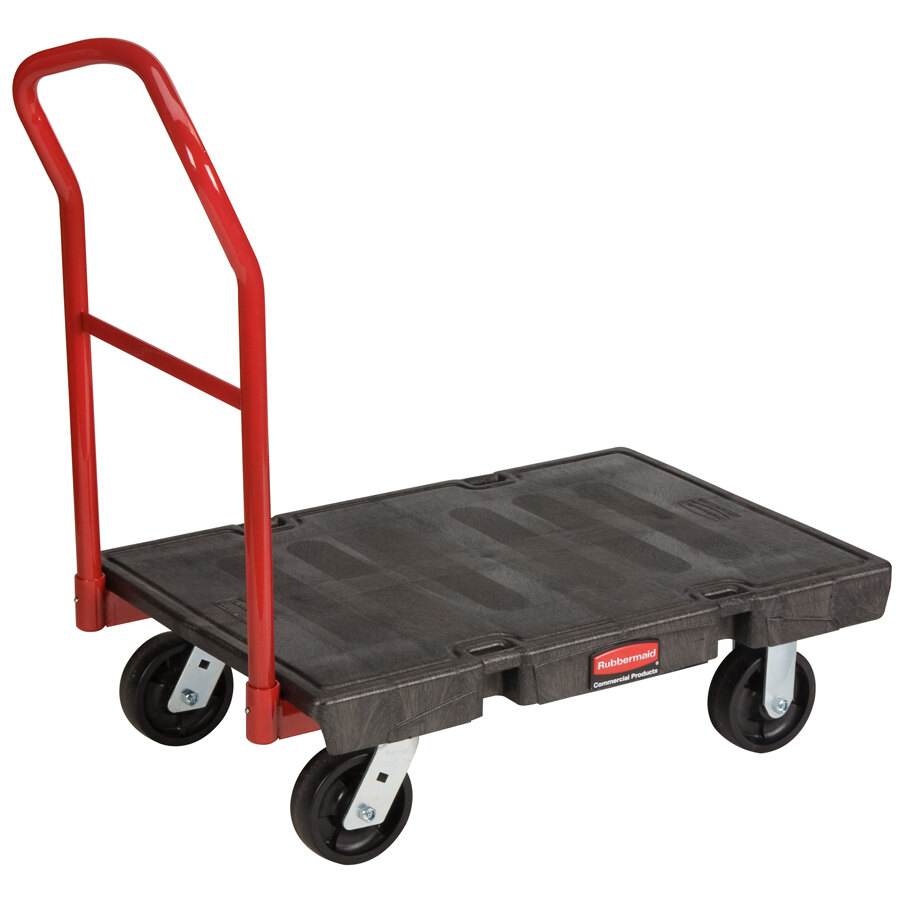 ] CARRO PLATAFORMA RUBBERMAID RUBBERMAID COMMERCIAL PRODUCTS FG440600BLA PLATFORM TRUCK, HEAVY DUTY, 36" X 24", 2000 LB. CAPACITY, SLIDE LOCKING LATCHES, MOLDED‐IN TIE‐DOWNS SLOTS, TEXTURED DECK SURFACE, DECK CHANNELS, RETAINER CLIPS ON HANDLE, POWDER COATED STEEL HANDLE/FRAME, (2) FIXED AND (2) SWIVEL 5" POLYOLEFIN CASTERS, DURAMOLDTM RESIN AND METAL COMPOSITE CONSTRUCTION, BLACK, MADE IN USA